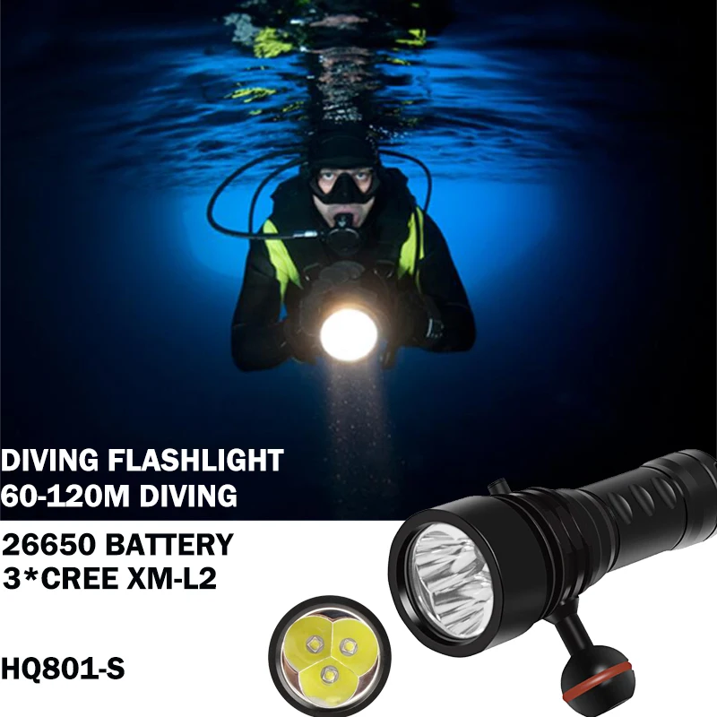 

100m 26650 Diver diving torch 3* XM-L2 high power led diving flashlight torch lamp 26650 rechargeable for diver night diving