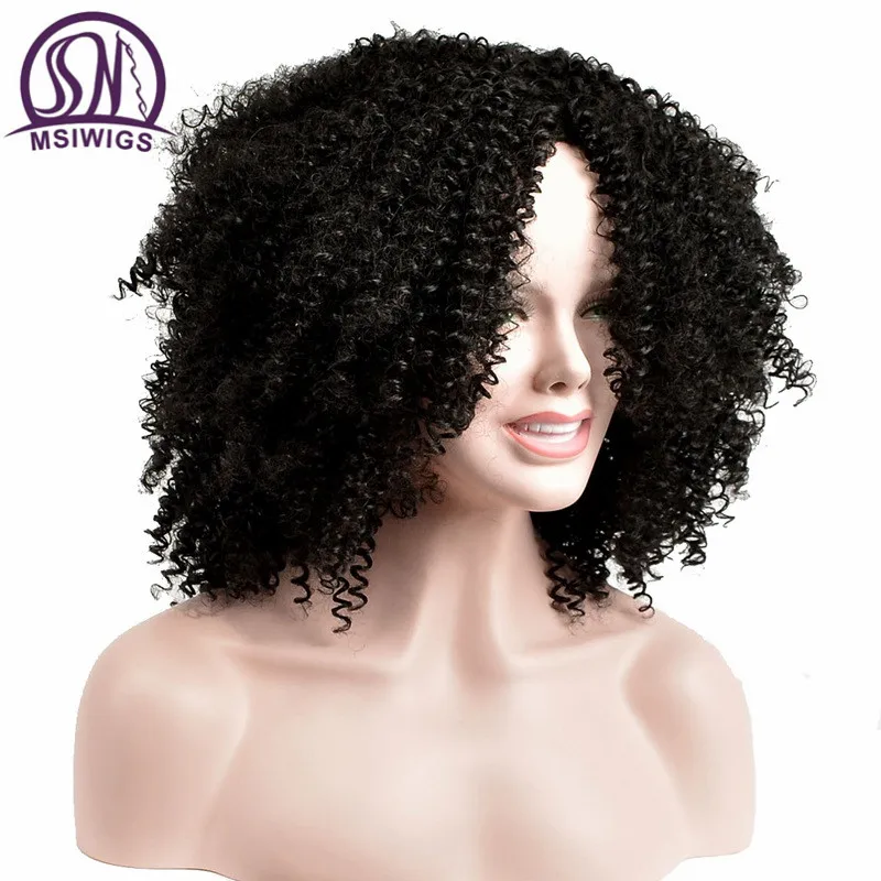 

MSIWIGS Neat Curly Synthetic Wigs for Women Black Short Hair Wig Middle Part Natural Afro Wigs Heat Resistant Fiber