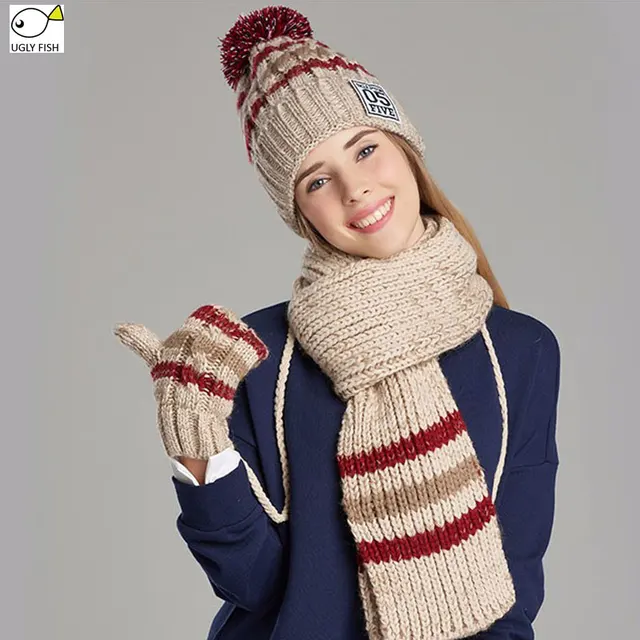 Buy woman winter hat and gloves sets cotton fashion