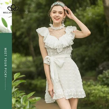 

Bella philosophy Summer Sexy Mesh Mini romper Vintage Lace-Up Female Ruffles jumpsuit Casual Holiday Lady playsuit