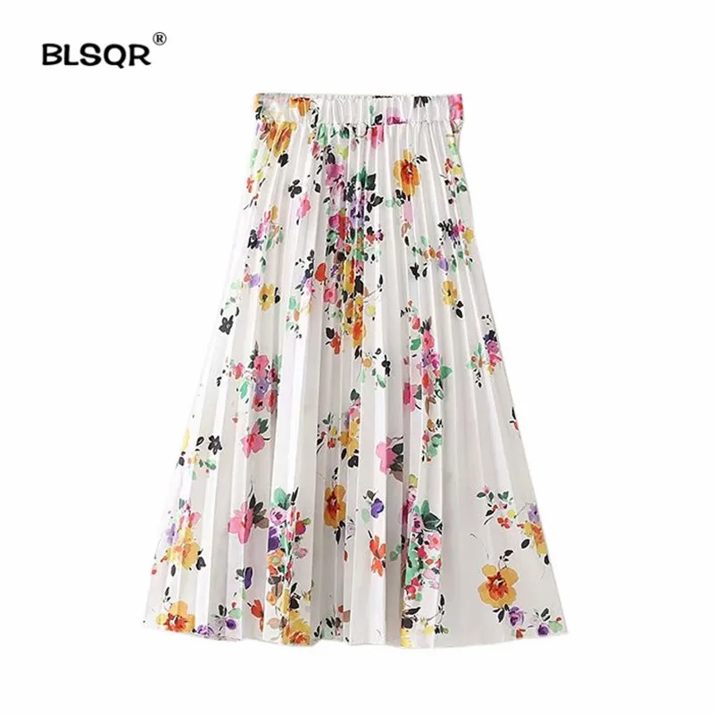 

BLSQR Women Sweet Floral Pattern Pleated Skirt Elastic Waist Ladies 2018 Summer Casual Chic Midi White Skirts Faldas Mujer