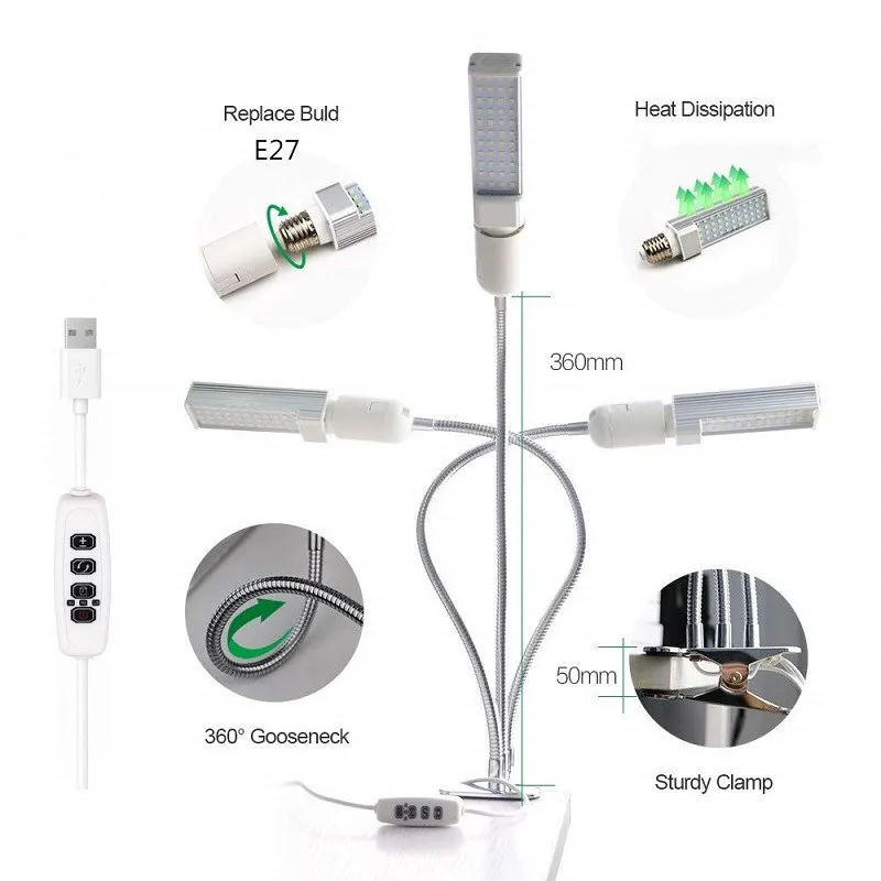 DC 5 в USB с таймером затемнения E27 светодиодный свет для выращивания солнца полный спектр 45 Вт 88/120/132 светодиодный светильник для растений