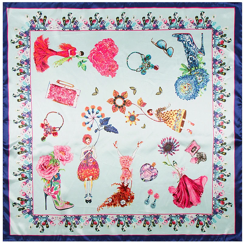 

2018 european fashion gem girl love flower print women's silk scarf hijab muslim bonnet caps handkerchiefs 90cm*90cm a374