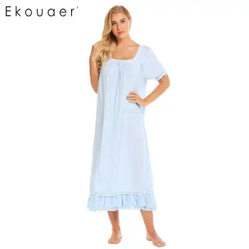 

Ekouaer Vintage Nightgown Long Sleepwear Dress Women Short Sleeve Square Neckline Ankle length Female Home Sleep Night Dress