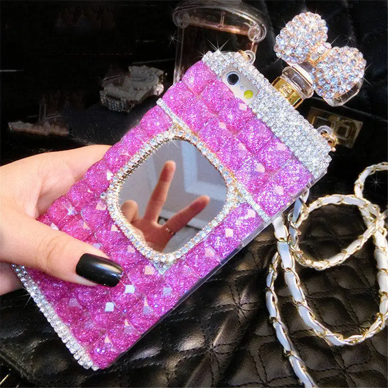

For Samsung Galaxy J5 J7 A3 A5 A7 2016 Grand prime G530 Luxury Diamond Glitter Mirror Perfume Bottle Bow Metal chain case cover