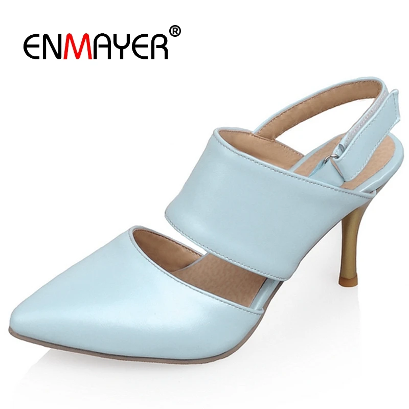 

ENMAYER PU Basic High Heel Zapatos Mujer Tacon Women Heels Pointed Toe Casual Hook & Loop Sexy Heels Size 34-45 LY1561