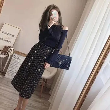 

2020 Autumn Winter fashion Flare Sleeve Knit Sweater Elegant Women Double-breasted Tweed two piece Skirt set high quality
