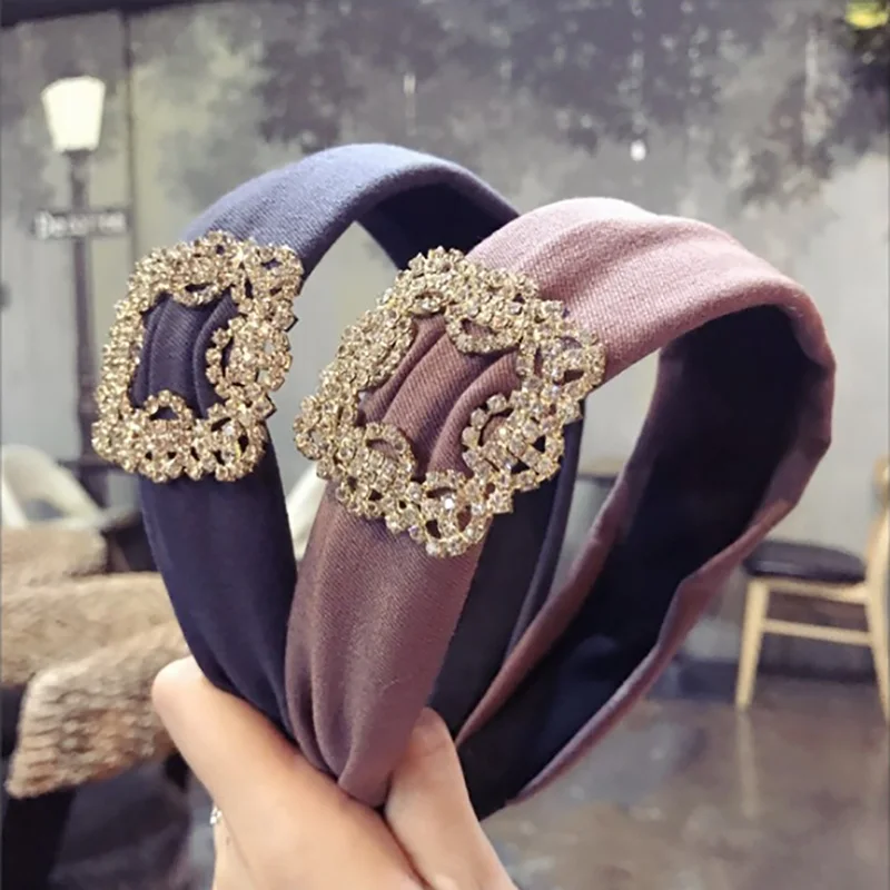 Women Crystal Ribbon Retro Headband Sweet Girls Wide Hairband Square Diamond Hair Accessories