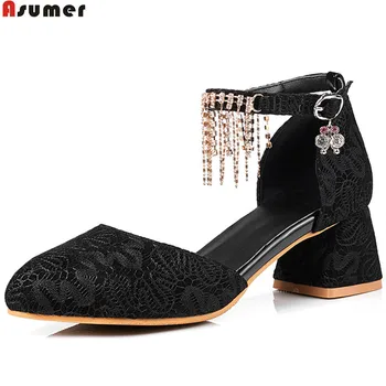 

ASUMER black red spring autumn new arrival pointed toe wedding shoes woman square heel buckle women high heels shoes size 43