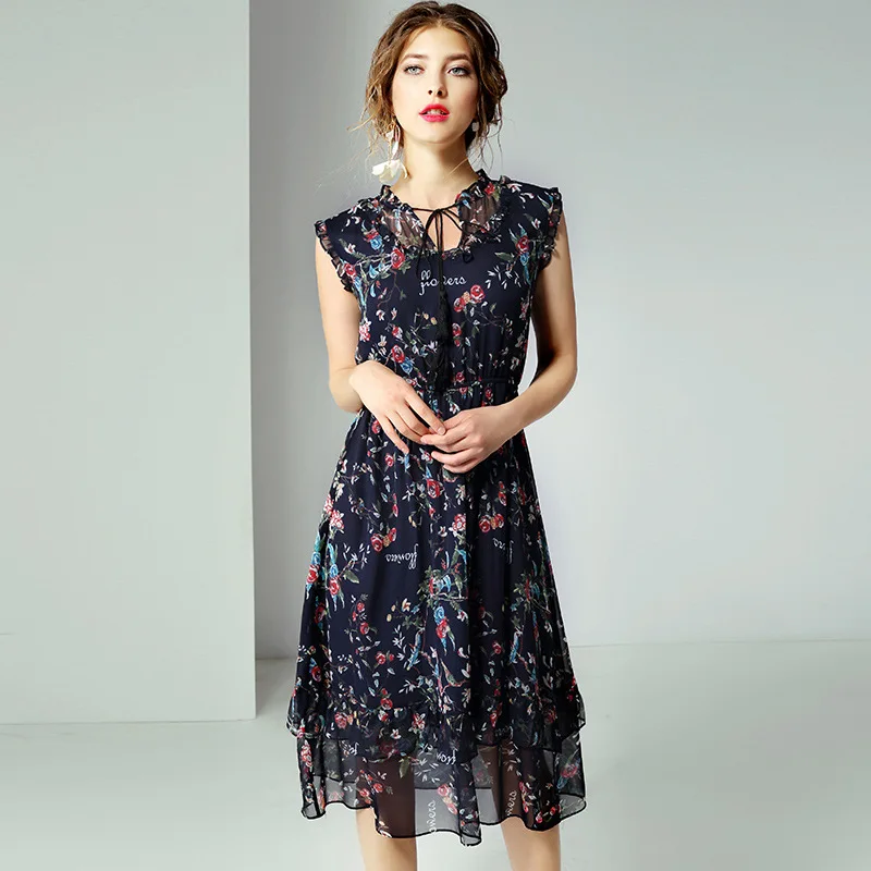 

Silk Dress Summer Women 2019 New V-Neck Ruffles Sleeveless 100% Silk Printed Elastic Waist Slim A-Line Midi Dress Female S-XL