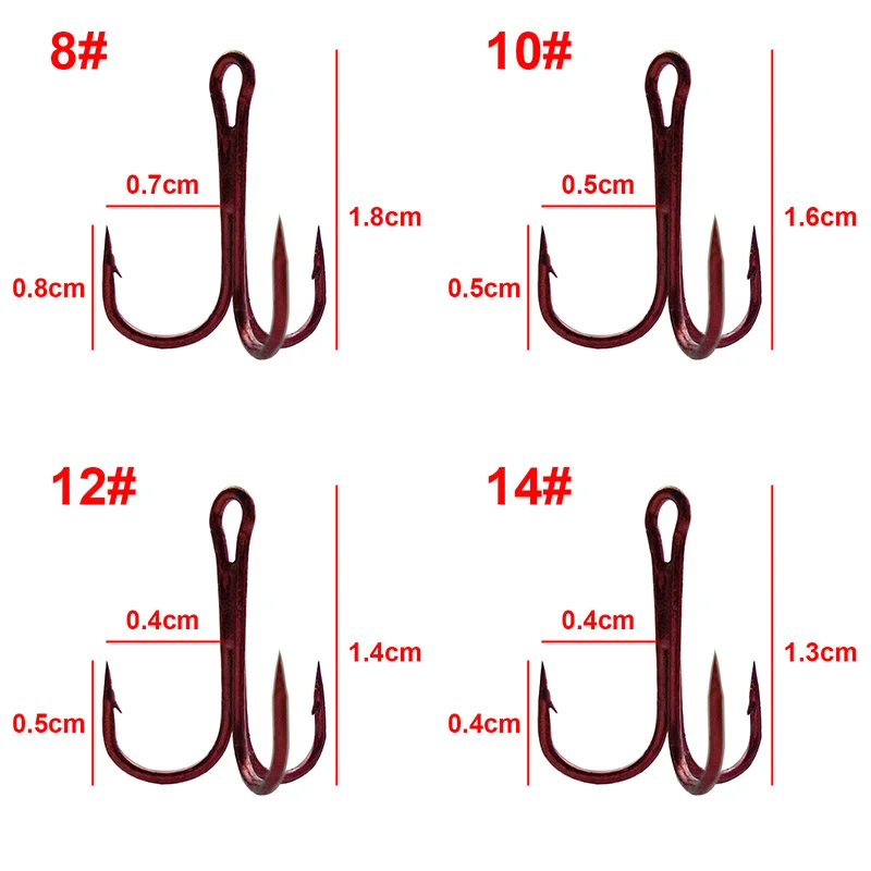 210pcs 35647 High Carbon Steel Treble Fishing Hooks Red Silver Small Round Bent Triple Hard Lure Spoon Fishing Hook Set With Box