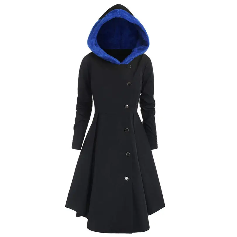 New Women fashion Plus Size Asymmetric Keep Warm Fleece Hooded Single Breasted Long Drap Buttons Coat #4F10 (4)