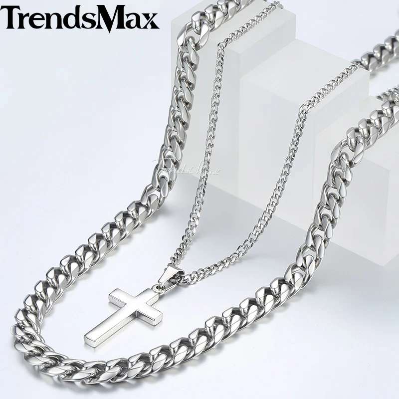 

Men's Necklace Silver Stainless Steel Curb Cuban Link Chain Cross Pendant Necklace for Men Hip Hop Jewelry 11mm 24inch DN03