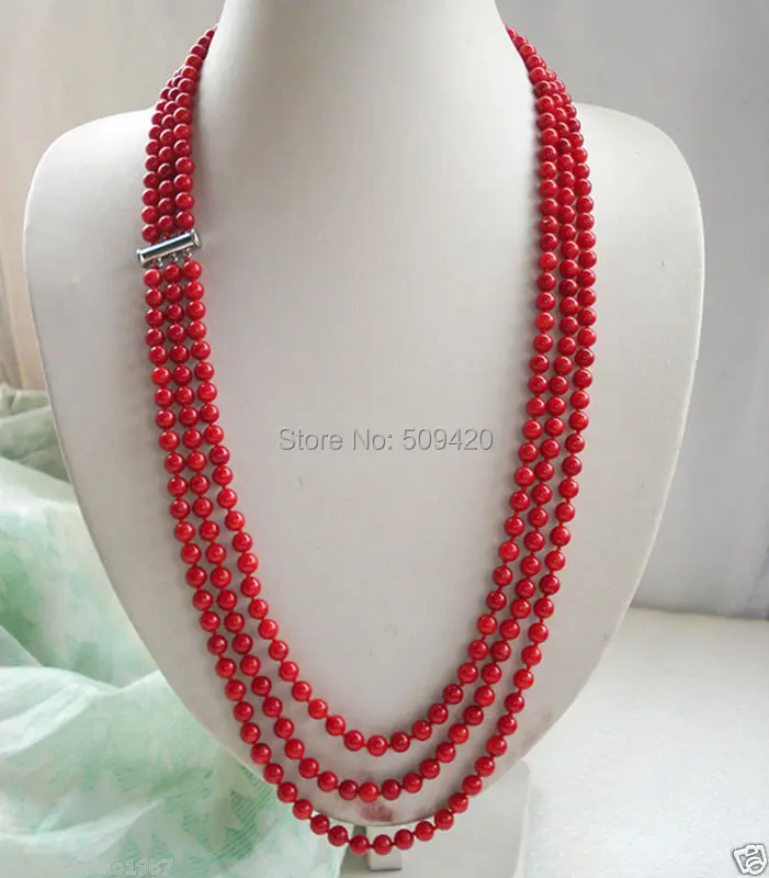 

W&O655 >>Beautiful 3 row red coral necklace 18--22inch