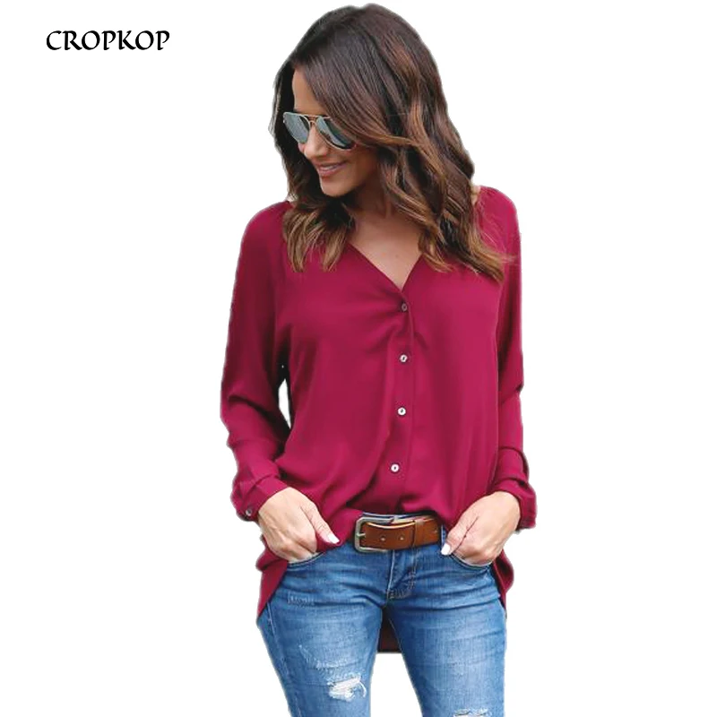 

CROPKOP 2019 Spring Autumn Women Sexy V-neck Chiffon Blouse Plus Size 5XL Open Stitch Femme Slim Long Sleeve Casual Shirt Tops