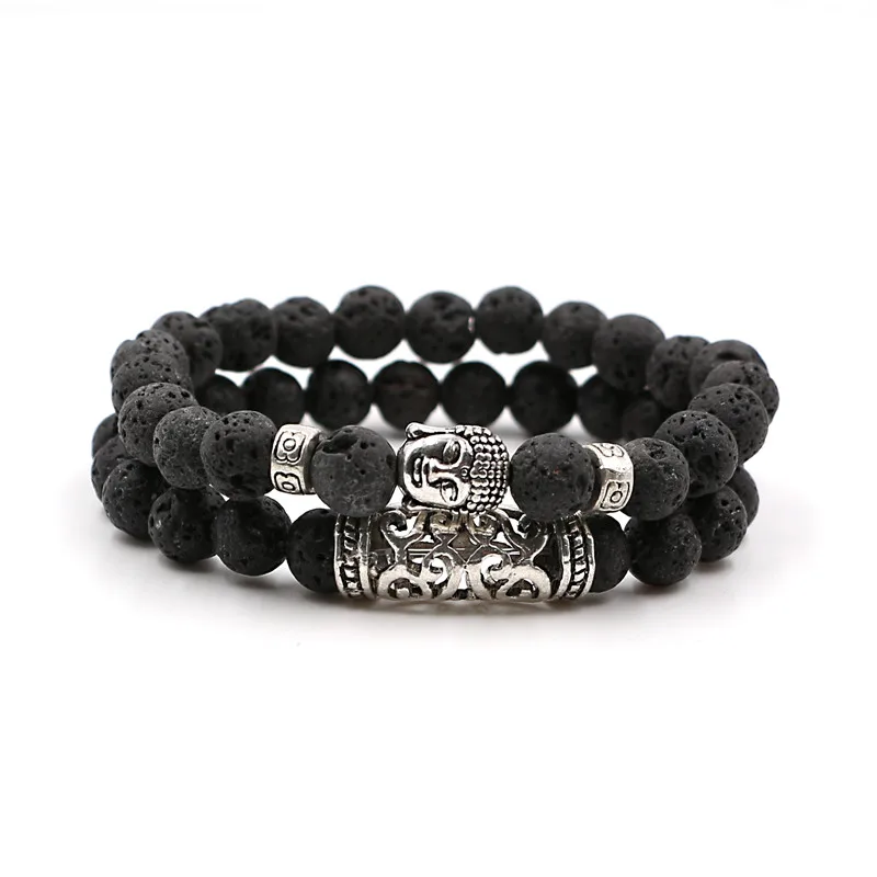 2pcs set Men Woman Bead Bracelet Beaded Black Lava Stone Prayer Beads Buddha Bracelet for Women and Mens Pulseras Masculina
