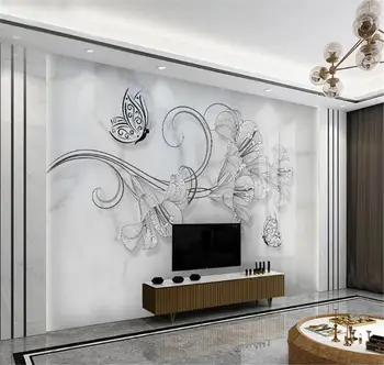 

2019 New 3d Wallpaper Nordic minimalist creative hand-painted flowers butterfly jazz white marble pattern HD Superior