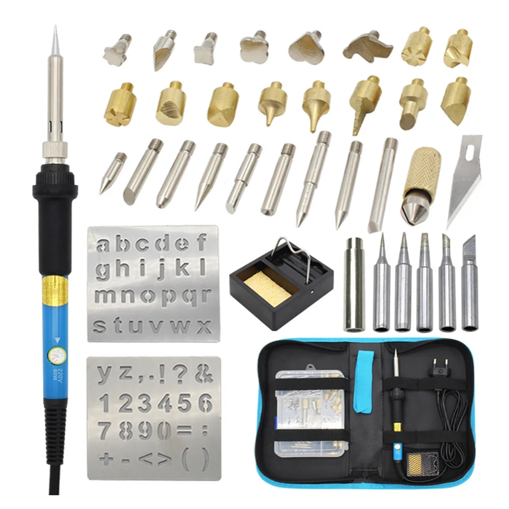 39pcs 60w Adjustable Soldering Iron Carving Pyrography Tool Wood Embossing Burning Soldering Pen Set Welding Tips Kit EU 220V