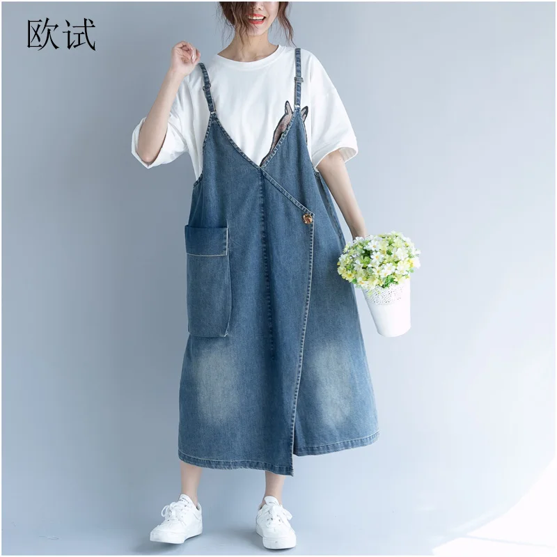 

Womens Summer Denim Dress Plus Size Off Shoulder Casual Strap Dresses Women Loose Cotton Washed Jeans Dress New Arrival 2019