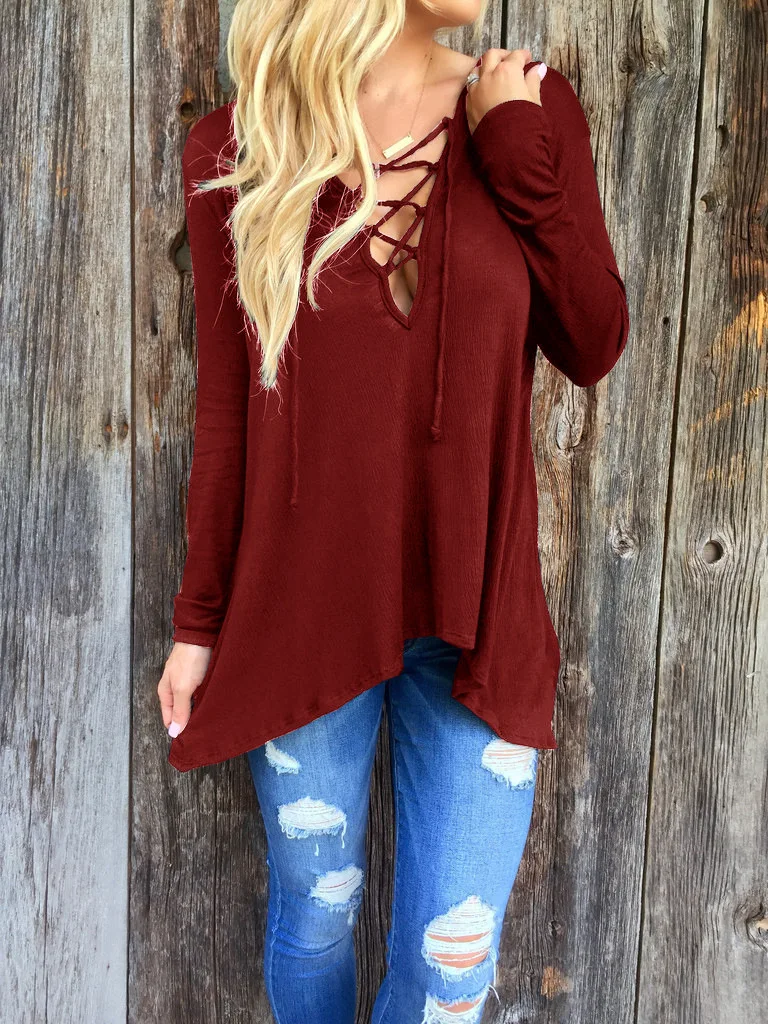 

Autumn Casual V-Neck Tops Slim Spell Color Cotton Polyester T Shirts Ladies Casual Sexy T-Shirts