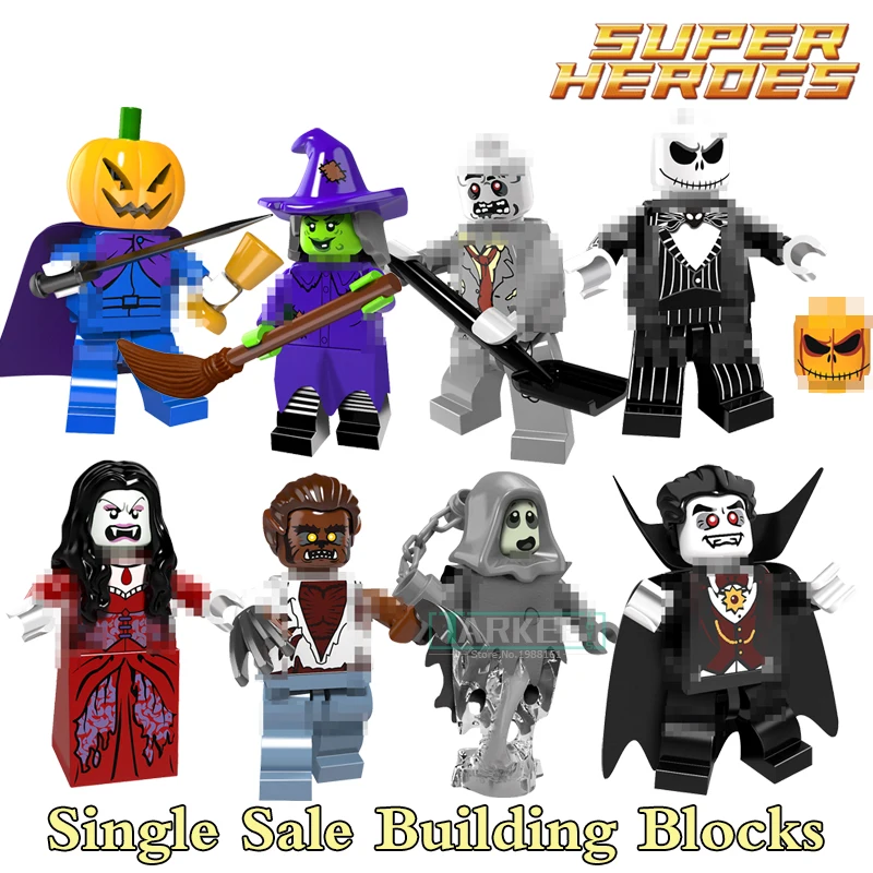 Building font b Blocks b font Skeleton Jack Witch Zombie Ghosts Pumpkin Man Werewolf Super Hero