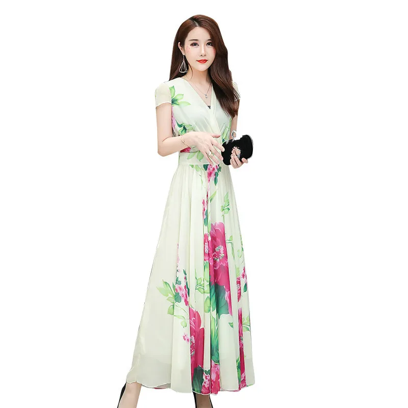 

Summer Chiffon Dress 2019 Boho Style Fashion Short Sleeve V-neck Print A-line Beach Party Dress Sundress Vestidos Plus Size 4XL