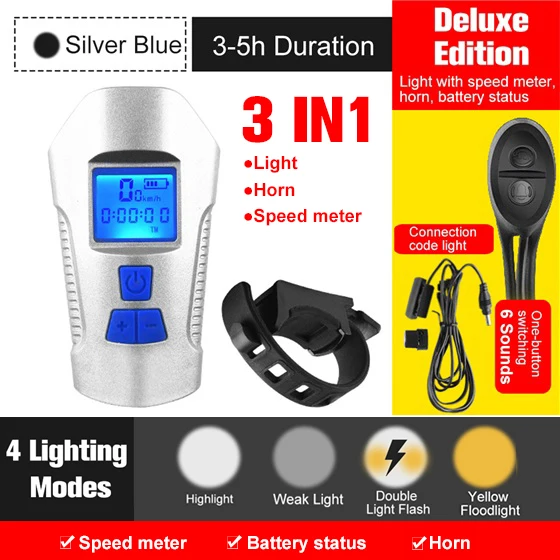 Deluxe Silver Blue Водонепроницаемый велосипедный светильник, заряжаемый от USB велосипедный передний светильник, светильник-вспышка с велосипедным компьютером, ЖК-спидометр, велосипедный головной светильник - Цвет: Deluxe Silver Blue