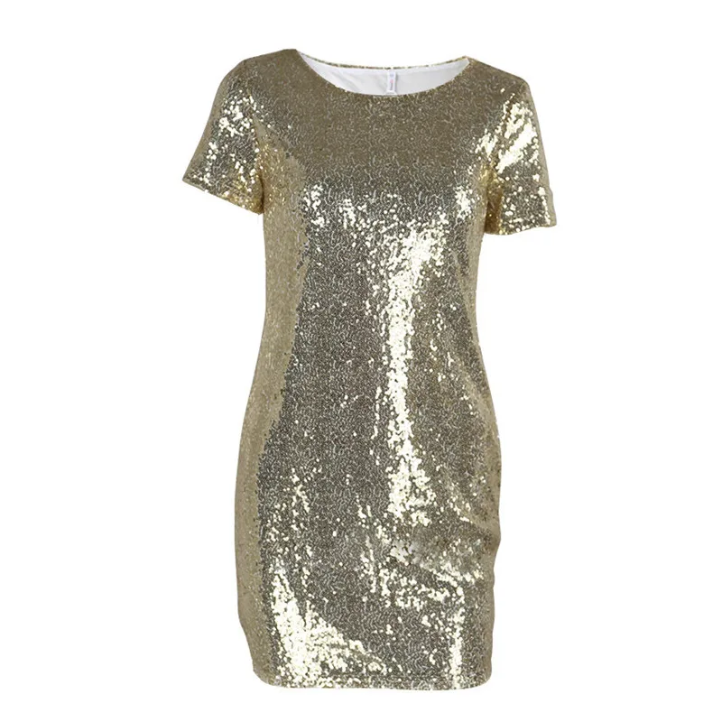 Горячая Распродажа, летнее женское платье, Золотое платье с блестками, сексуальное короткое платье-футболка, вечерние Клубные платья для женщин DR914