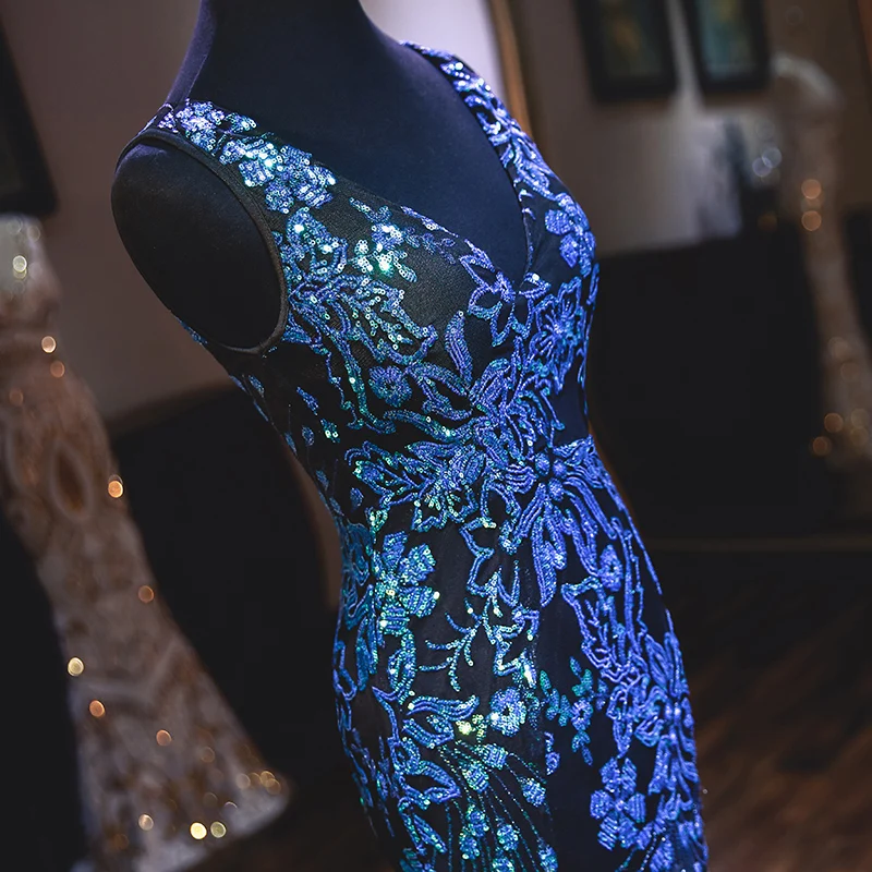 Тюль с блестками вечернее платье Русалка официальное платье Robe de Soiree v-образным вырезом Вечерние платья длинное платье vestido de festa
