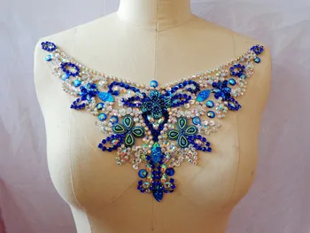 

A137 Handmade crystalpatches sew on Rhinestones deep blue/clear AB colour applique with stones sequins beads 32*13cm fordress