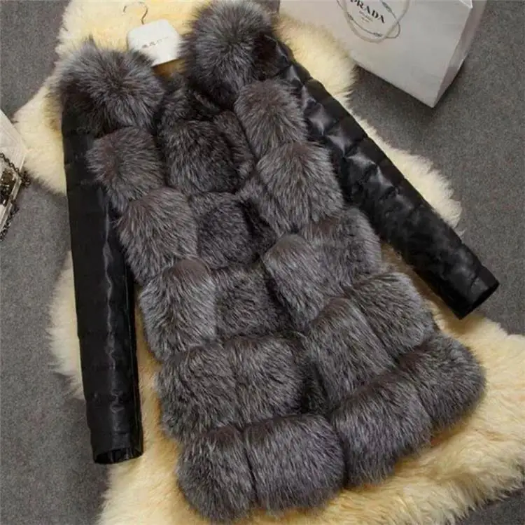 Gray womens parka jacket long Outwear fur PU stitching black slim coat women coat warm fur jackets bomberka damska 4XL