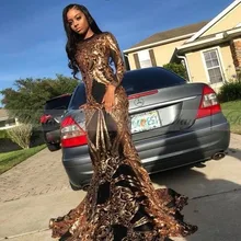 Золотые блестки Русалка с длинными рукавами черные девичьи платья для выпускного вечера плюс размер корт поезд длинное выпускное платье вечер в Нигерии платья