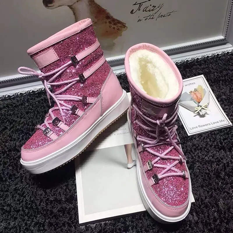 Gratuite 2018La UneÀ Chaud Dernière Femmes Bo Européenne Mode Bottes Blue Véritable Et Laine De En CuirPeau Mouton Livraison Dans pink b76Yfgy