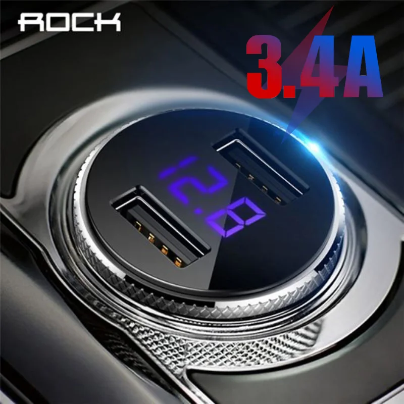 ROCK USB Автомобильное зарядное устройство 3.4A светодиодный цифровой дисплей Металлический Двойной Универсальный USB быстрая зарядка автомобильное зарядное устройство адаптер для iPhone 7 8 X XR MAX