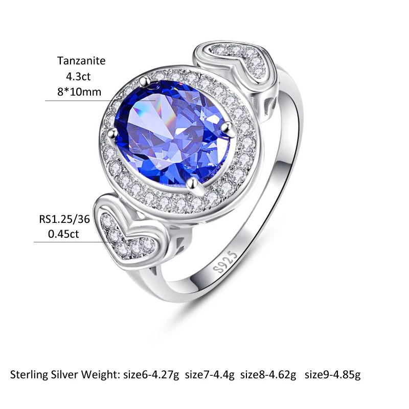 BONLAVIE Bague Femme De Marque De Luxe 4.3ct Sapphire Ring Silver Love Heart Oval Tanzanite Ring 925 Sterling Silver Rings