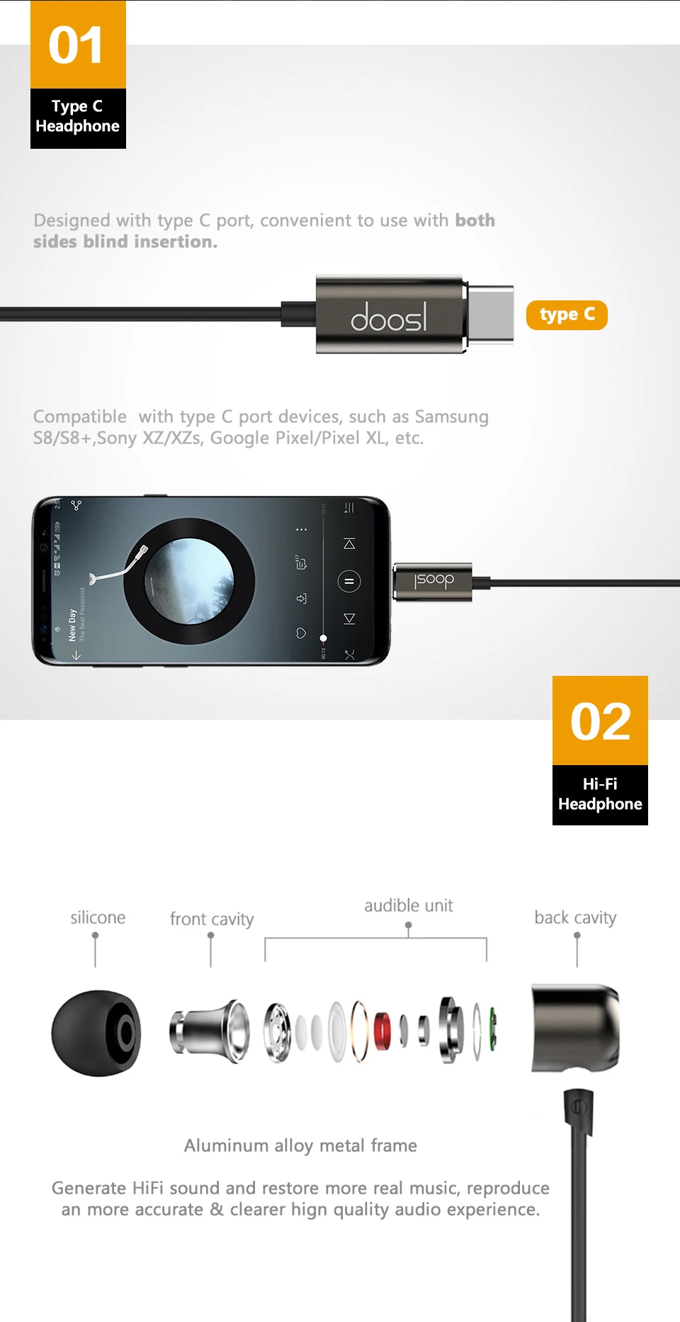 Doosl HiFi музыкальные наушники-вкладыши с интерфейсом type-C для всех устройств Встроенный выходной порт type-C для samsung X8 Xiaomi 6