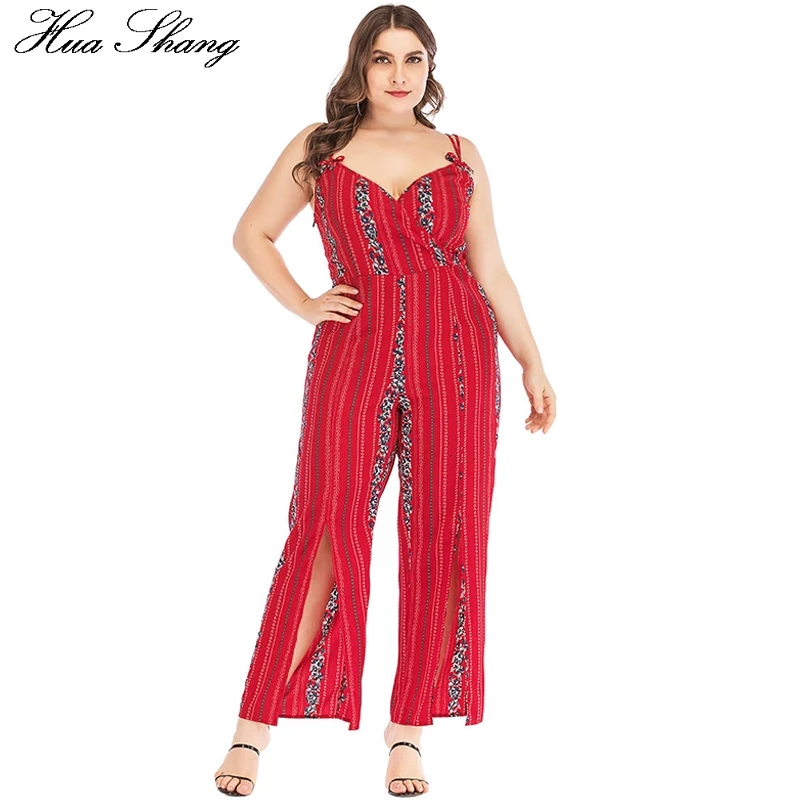 

Plus Size Jumpsuits Romper 2019 Summer Women V Neck Sleeveless Floral Striped Print Strap Jumpsuit Split Wide Leg Overalls Pants