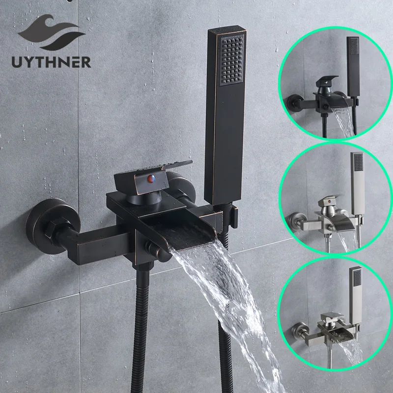 

Uthyner Bathroom Tub Faucet Single Handle Waterfall Spout Mixer Tap with Handheld Shower Wall Mounted