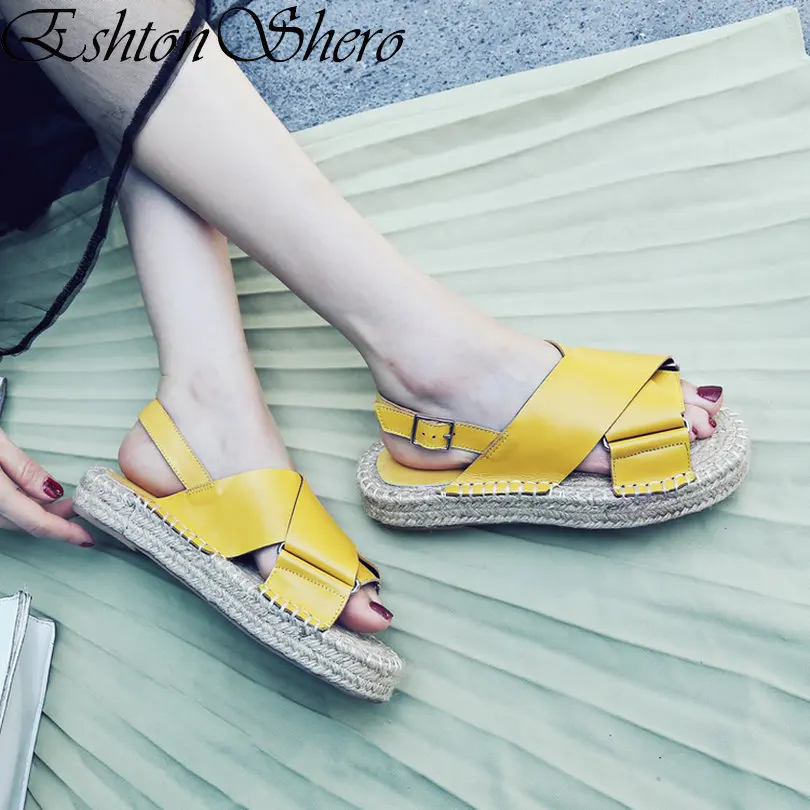 

EshtonShero Summer Women Sandals Shoes Woman Flat Heels Platform Cow Leather Spring Ankle Strap Ladies Wedding Shoes Size 3-8