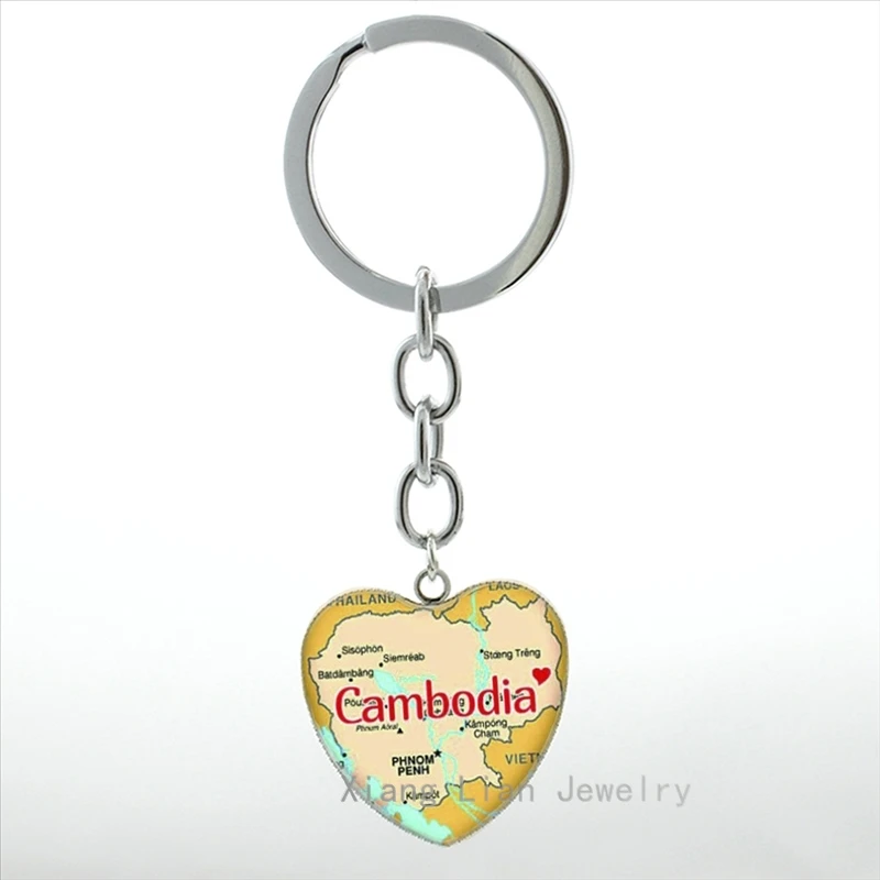 

New Vintage Cambodia Map key chain ring retro national map Cambodia heart pendant keychain hometown travel jewelry gifts HP410