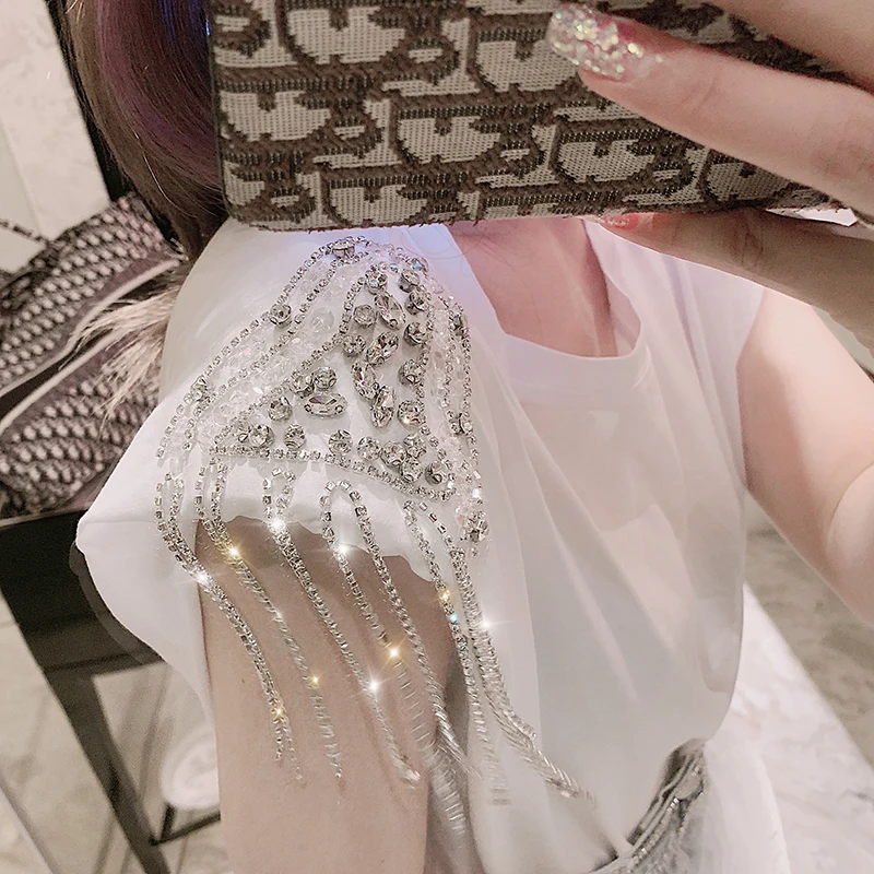 

New Summer White Tshirts for Women Diamond Beaded Tassel Chain Shoulder Pads Sleeveless Tops Loose Students T-shirts