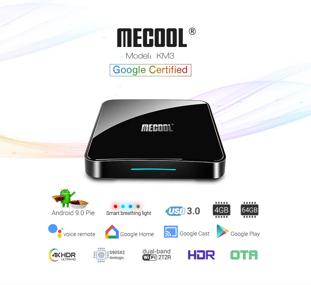 MECOOL Android 9,0 Smart tv BOX KM3 A tv Amlogic S905X2 четырехъядерный DDR4 4GB 64GB 4K H.265 2,4G 5G Dual Wifi BT USB3.0 телеприставка