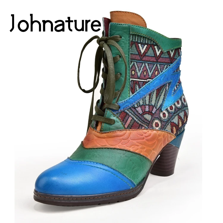 

Johnature Genuine Leather Mixed Colors Ankle Boots Zipper Cross-tied Round Toe 2019 New Autumn/Winter National Style Women Shoes
