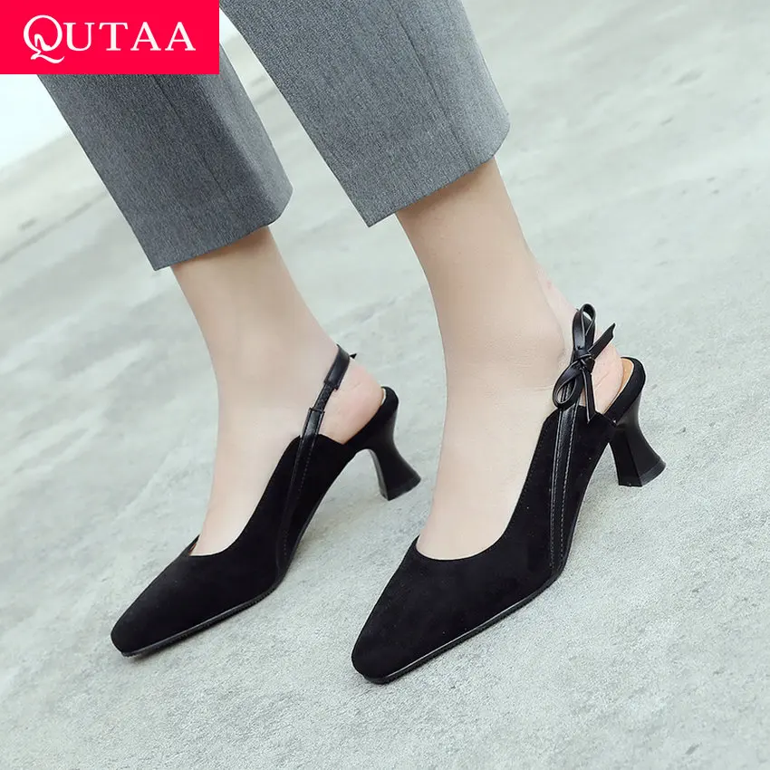 

QUTAA 2019 Women Pumps Thin High Heel Flock+PU Pointed Toe Butterfly-Knot Elastic Band Spring Fashion Basic Shoes Size 34-43