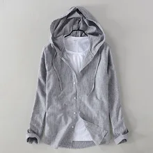 Новое поступление, осенняя льняная рубашка с длинным рукавом, Мужская брендовая Модная рубашка с капюшоном, мужская повседневная однотонная серая рубашка, Мужская сорочка