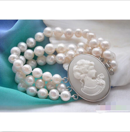 

P4053 3row 8" 10mm WHITE ROUND FRESHWATER PEARL BRACELET@^Noble style Natural Fine jewe SHIPPING 5.25