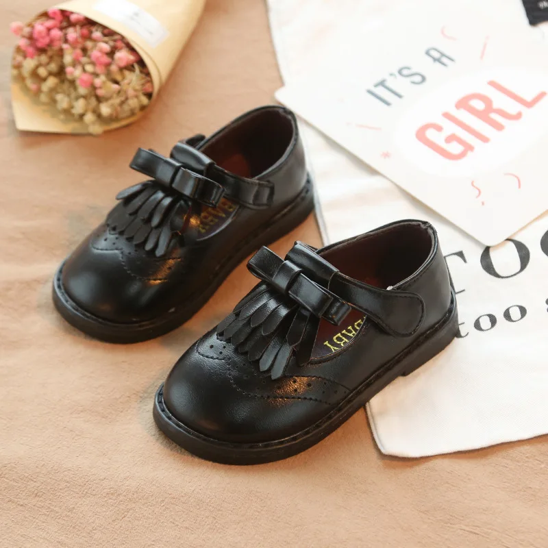 Весенняя детская обувь для девочек кожаная обувь модная Tasel Бант Детская обувь для девочек Малыш Ребенок мягкая нескользящая обувь принцессы - Цвет: Черный