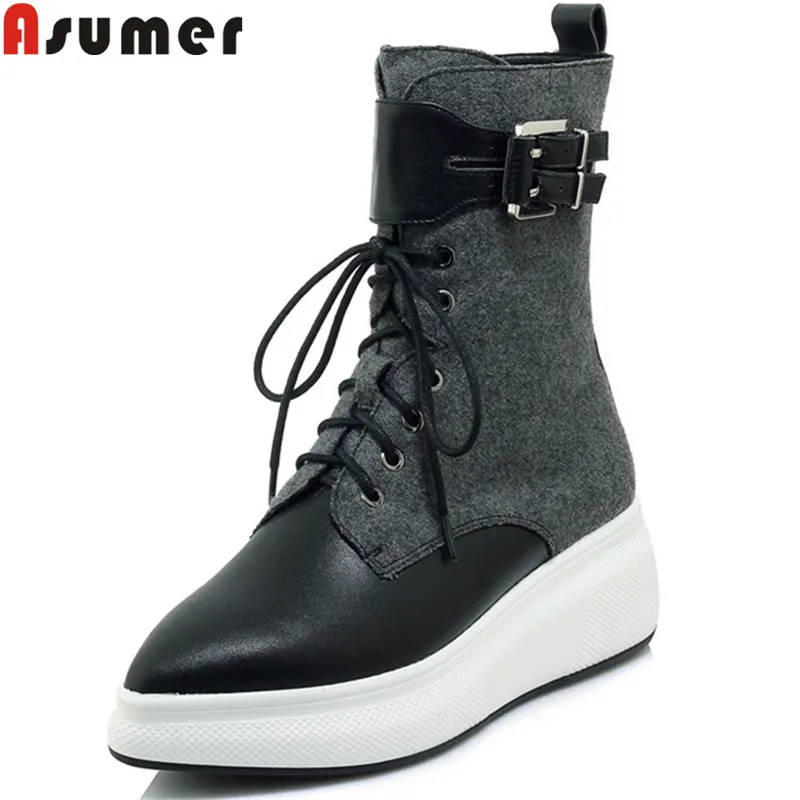 

ASUMER 2018 fashion ankle boots for women pointed toe zip genuine leather boots zip lace up flat platform autumn winter boots