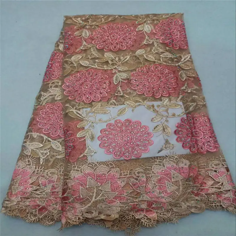

New design lovely pink color tulle net lace fabric with full stones and beads cord lace with tulle lace