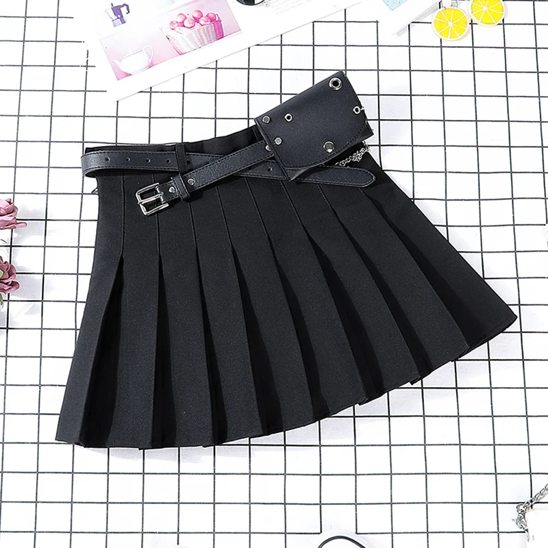 New Hip-hop Women's Harajuku Pleated Skirt Gothic Black High Waist Mini Skirts Cute Girls Punk A Line Short Skirt With Belt